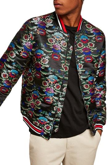 Men's Topman Jacquard Floral Classic Bomber Jacket - Black