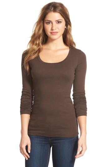 Petite Women's Caslon 'melody' Long Sleeve Scoop Neck Tee, Size P - Brown