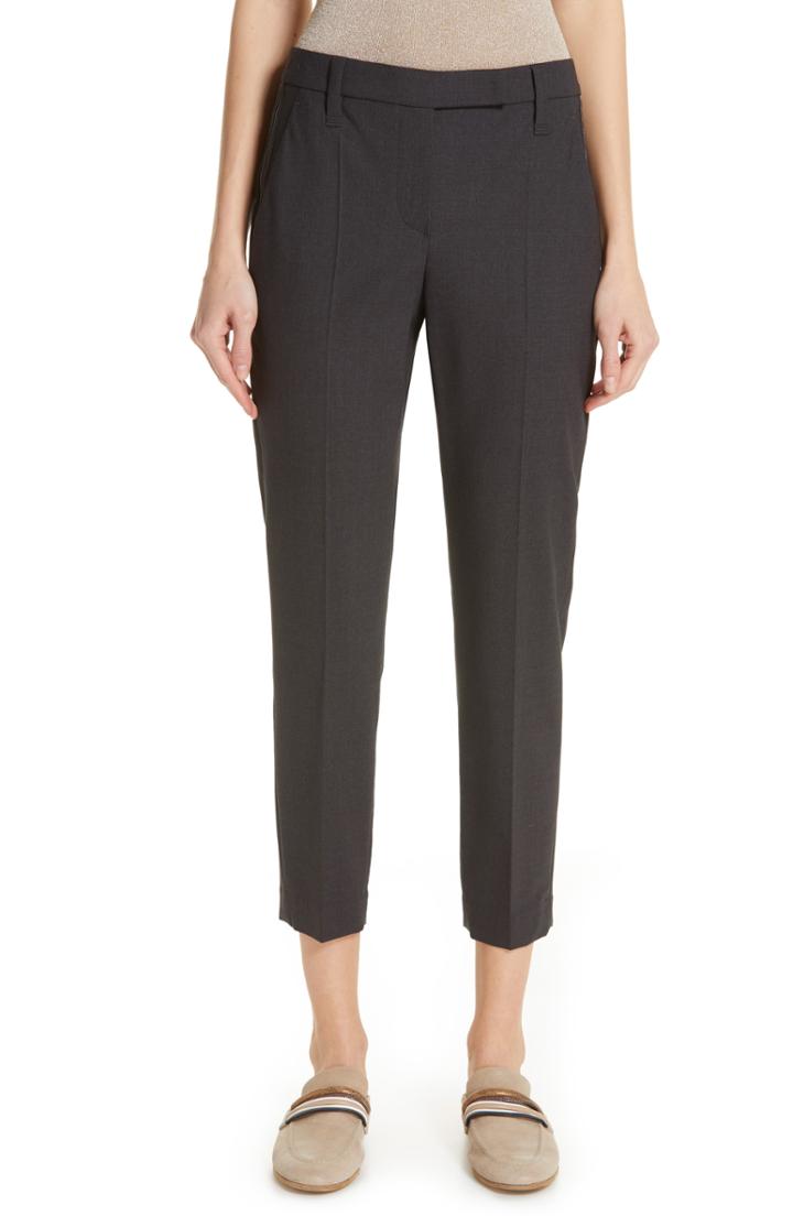 Women's Brunello Cucinelli Monili Trim Tropical Wool Blend Crop Pants Us / 42 It - Grey