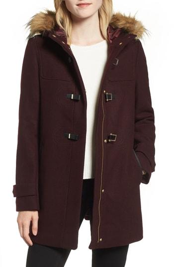 Women's Cole Haan Hooded Duffle Coat With Faux Fur Trim - Burgundy