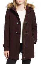 Women's Cole Haan Hooded Duffle Coat With Faux Fur Trim - Burgundy