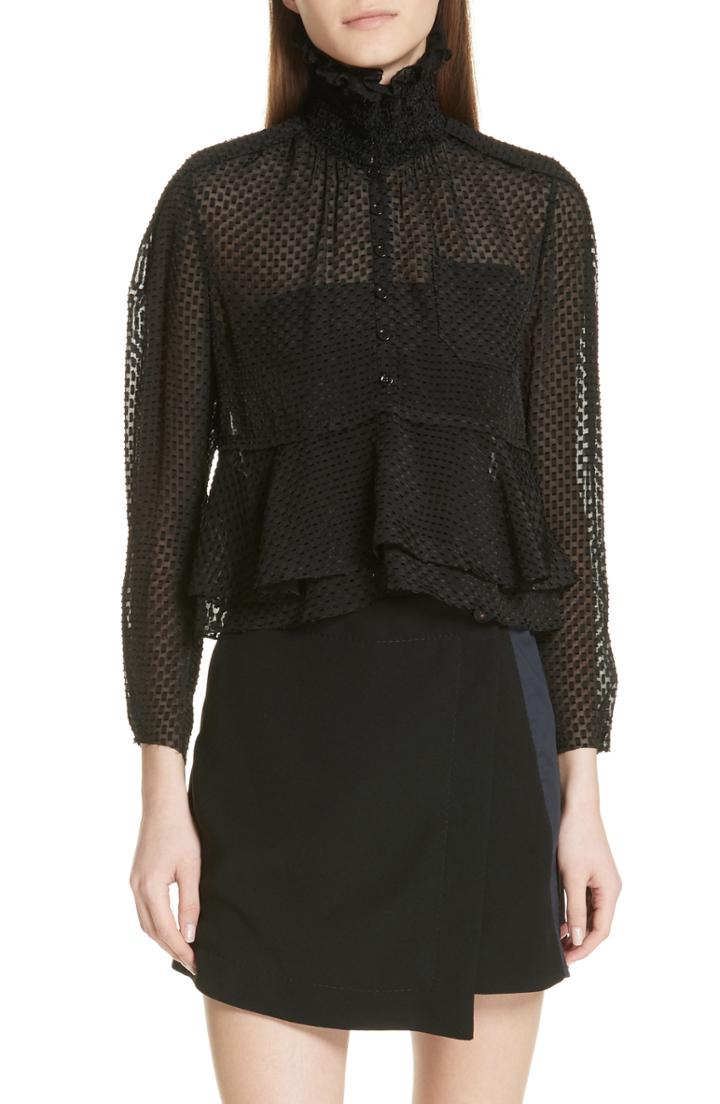 Women's Carven Clipped Dot Silk Blouse Us / 36 Fr - Black