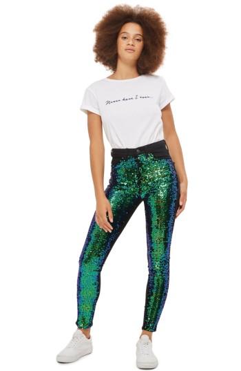 Women's Topshop Jamie Turtle Sequin High Waist Skinny Jeans X 30 - Black