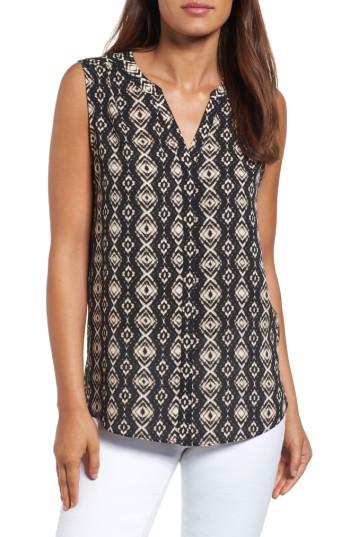 Petite Women's Nydj Print Pleat Back Sleeveless Split Neck Blouse P - Beige