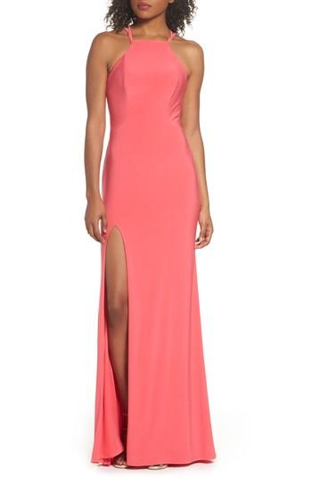 Women's La Femme Open Back Jersey Halter Gown - Pink