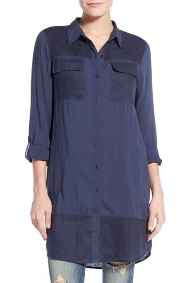 Women's Caslon Mixed Media Roll Sleeve Tunic - Blue