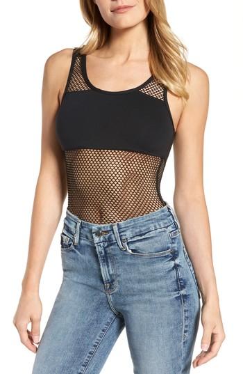 Women's Good American Mixed Fishnet Tube Bodysuit - Black