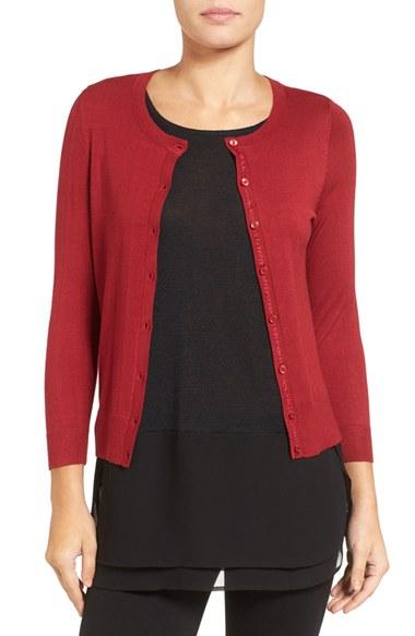 Women's Halogen Three Quarter Sleeve Crewneck Cardigan, Size - Red