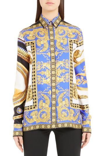 Women's Versace Casa Print Silk Shirt Us / 40 It - Metallic