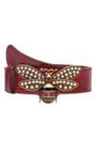 Women's Gucci Embellished Bee Clasp Genuine Snakeskin Belt - Red