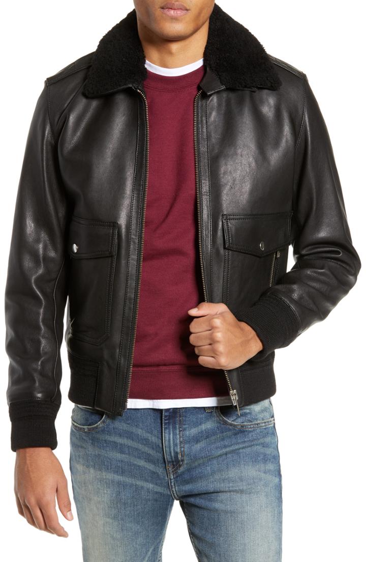 Men's The Kooples Teddy Leather Jacket With Removable Genuine Lamb Shearling Trim - Black