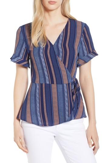 Women's Bobeau Short Sleeve Crepe Faux Wrap Top - Blue