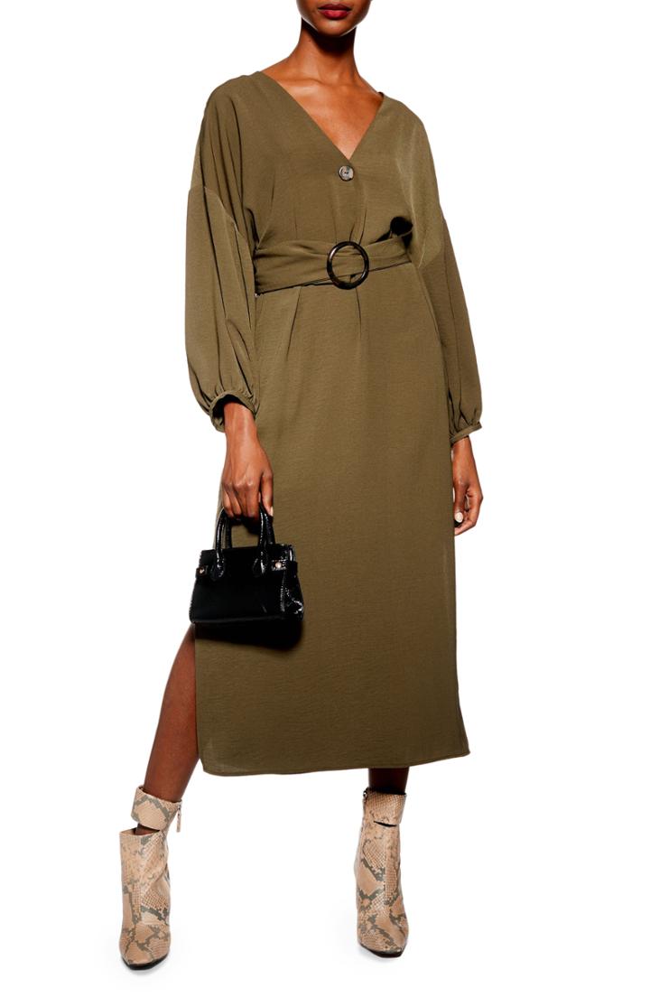 Women's Topshop Belted Midi Dress Us (fits Like 0) - Green