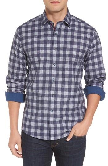 Men's Bugatchi Shaped Fit Check Print Sport Shirt, Size - Blue