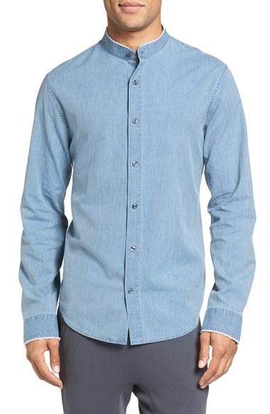 Men's Vince Trim Fit Frayed Collar Chambray Sport Shirt