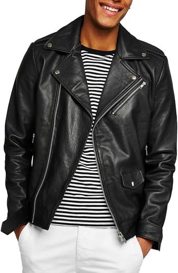 Men's Topman Oversize Leather Biker Jacket - Black