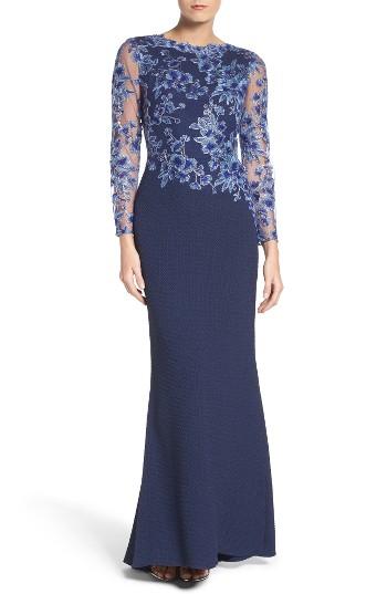Petite Women's Tadashi Shoji Embroidered Crepe Gown P - Blue
