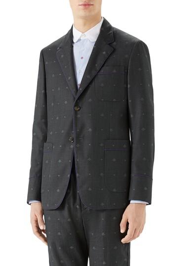 Men's Gucci Bee & Heart Print Wool Sport Coat Eu - Grey
