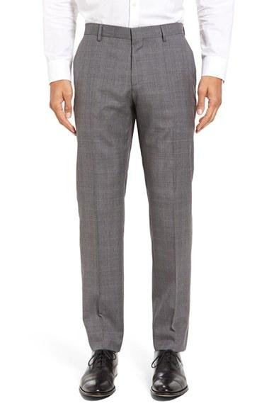Men's Boss Genesis Flat Front Plaid Wool Trousers R - Grey