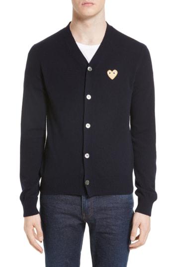 Men's Comme Des Garcons Gold Heart Patch Wool Cardigan - Blue