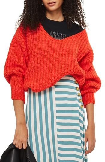 Women's Topshop Oversized V-neck Sweater Us (fits Like 0) - Red