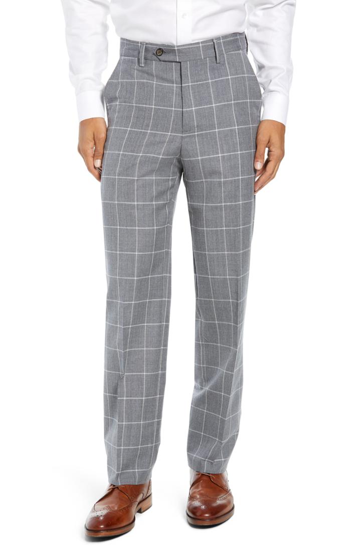Men's Berle Manufacturing Flat Front Windowpane Wool Trousers - White