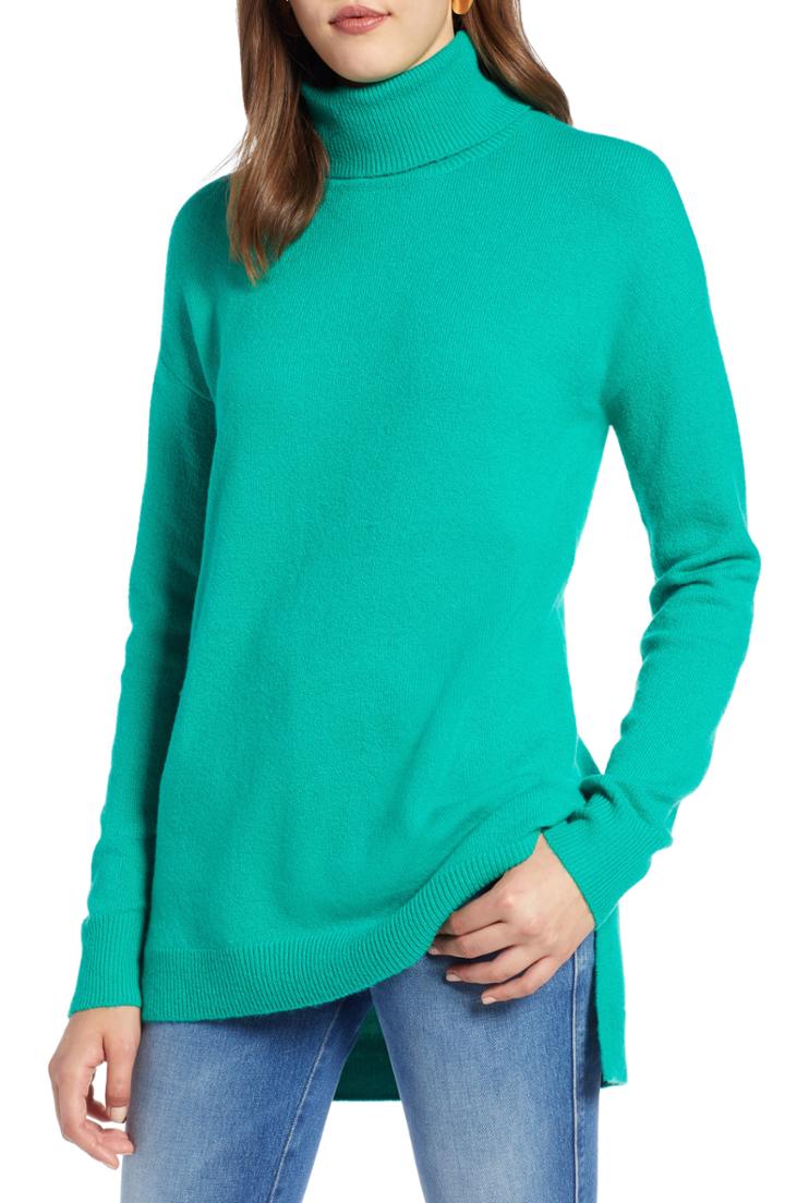 Women's Halogen Turtleneck Wool Blend Tunic Sweater, Size - Green