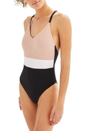 Women's Topshop Colorblock One-piece Swimsuit Us (fits Like 0) - Beige