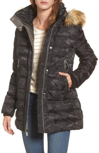 Women's Vince Camuto Quilted Coat With Faux Fur Trim Hood - Black
