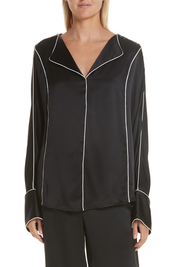 Women's Grey Jason Wu Piped Silk Charmeuse Blouse - Black