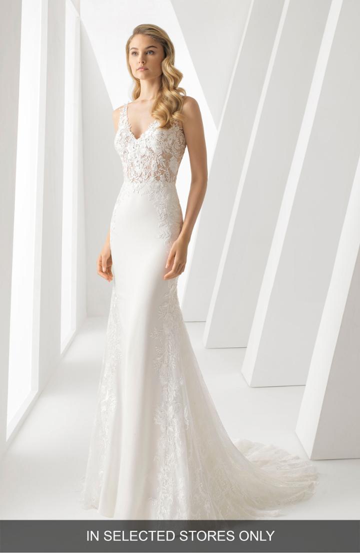 Women's Rosa Clara Danielle Illusion Lace Bodice Mermaid Gown, Size - White