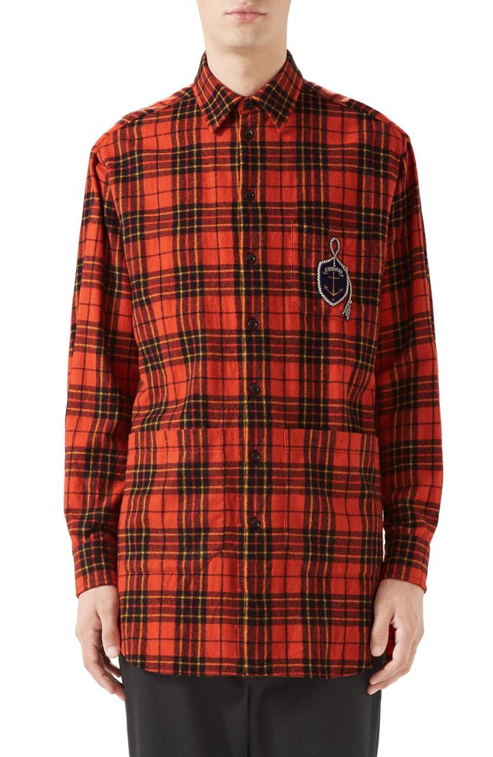 Men's Gucci Plaid Flannel Long Sport Shirt Eu - Orange