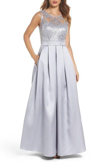 Women's Eliza J Sequin Embellished Illusion Neck Gown - Metallic