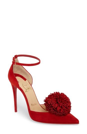 Women's Christian Louboutin Tsarou Pom Ankle Strap Pump .5us / 35.5eu - Red
