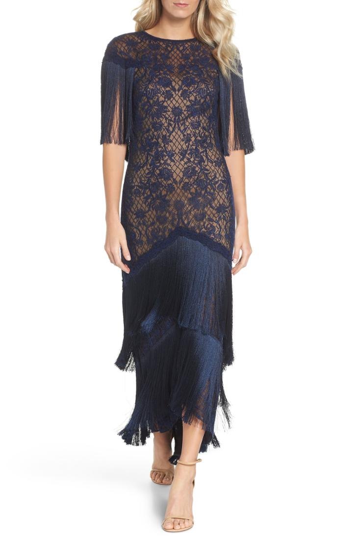 Women's Tadashi Shoji Embroidered Mesh & Fringe Gown