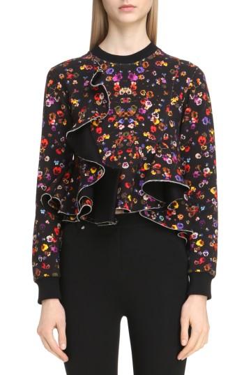 Women's Givenchy Floral Print Ruffle Bonded Sweatshirt - Black