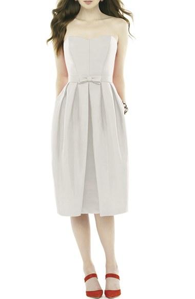 Women's Alfred Sung Strapless Peau De Soie Midi Dress With Bow Belt - White