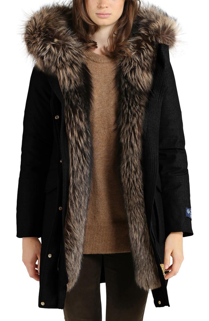 Women's Woolrich Military Down Hooded Parka With Genuine Fox Fur Trim - Black