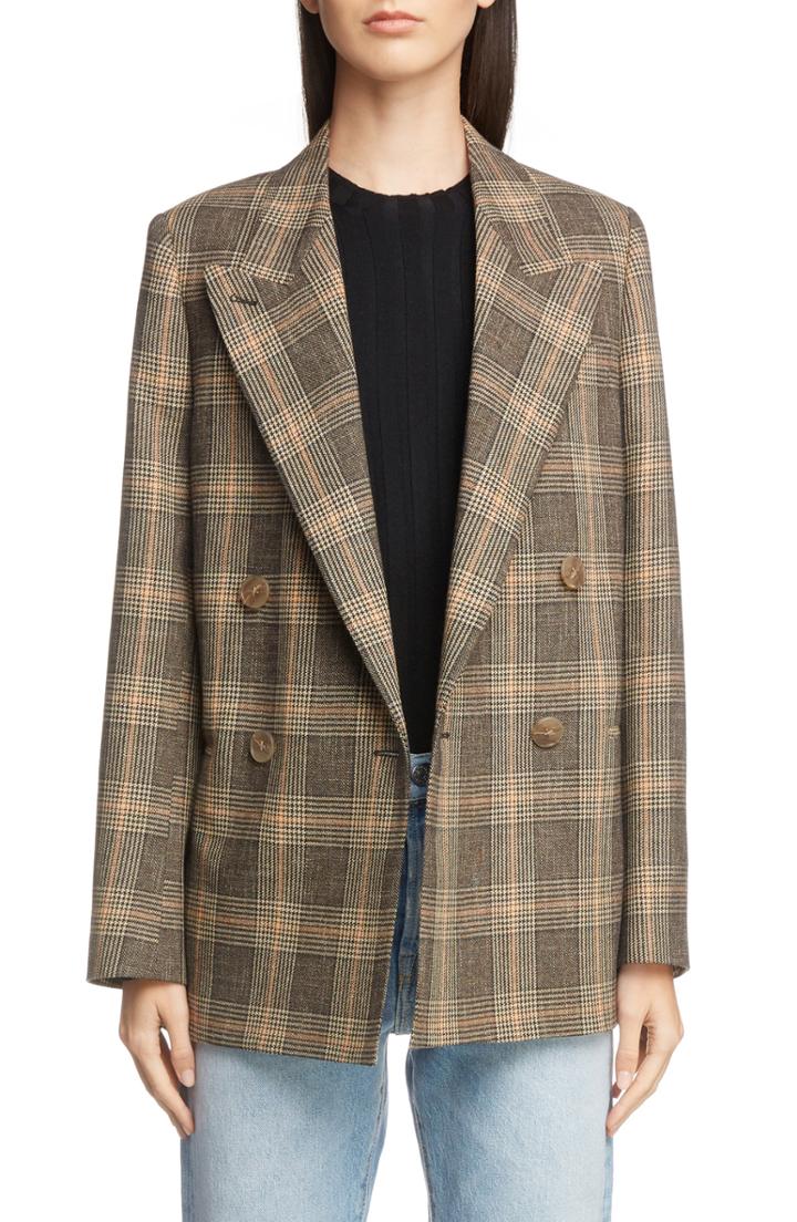 Women's Acne Studios Check Double Breasted Wool & Cotton Jacket Us / 40 Eu - Brown