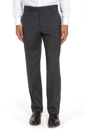 Men's Zanella Devon Flat Front Solid Wool Serge Trousers - Grey
