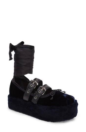 Women's Miu Miu Genuine Shearling Buckle Strap Platform Flat Us / 35eu - Blue