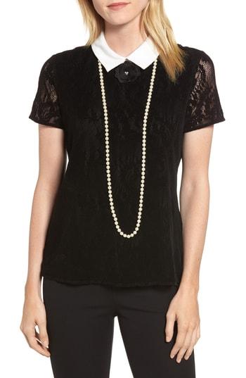 Women's Karl Lagerfeld Paris Lace Knit Pearly Necklace Top - Black