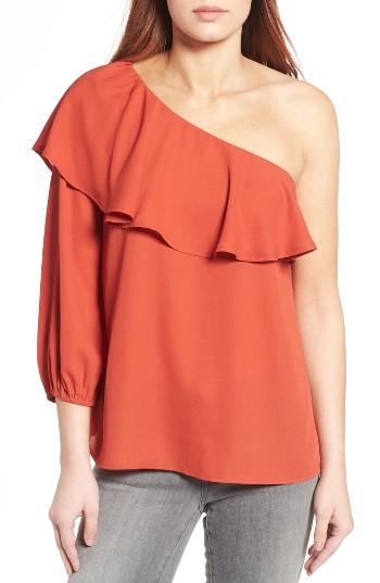 Women's Halogen One-shoulder Ruffle Blouse - Brown