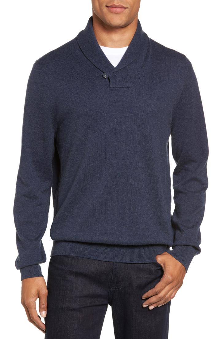 Men's Nordstrom Men's Shop Cotton & Cashmere Shawl Collar Sweater, Size - Blue