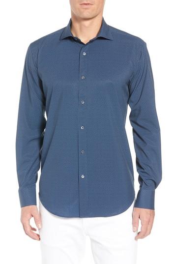 Men's Bugatchi Shaped Fit Print Performance Sport Shirt, Size - Blue