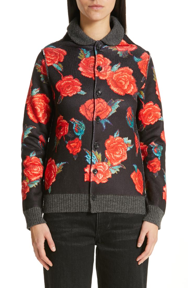 Women's Tricot Comme Des Garcons Rose Print Cardigan, Size - Black