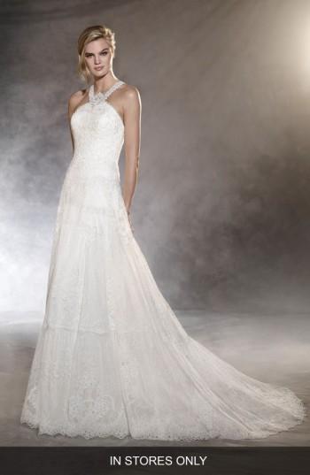 Women's Pronovias Ospel Halter Lace Gown, Size In Store Only - Ivory