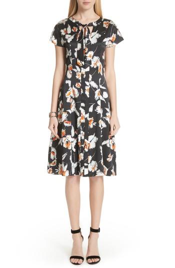 Women's St. John Collection Modern Floral Hammered Satin Dress - Black