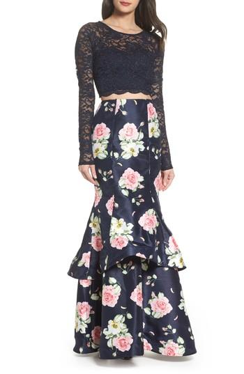 Women's Sequin Hearts Floral & Lace Two-piece Gown - Blue