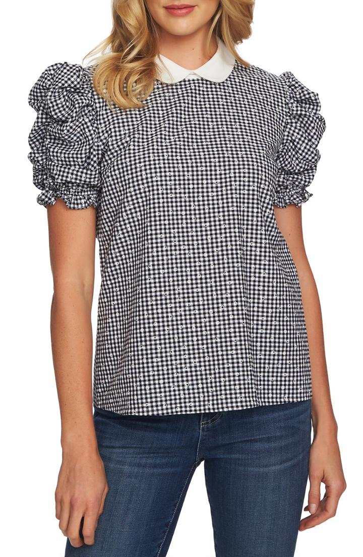 Women's Cece Floral Gingham Ruched Sleeve Cotton Blouse - Black